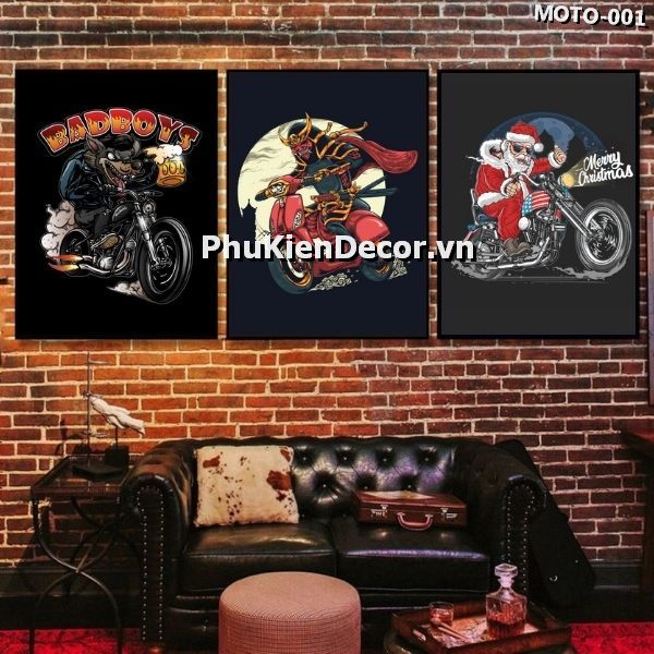 Tranh treo tường tiệm đồ chơi moto, biker bộ 3 bức khổ đứng đa dạng, độc đáo, thú vị