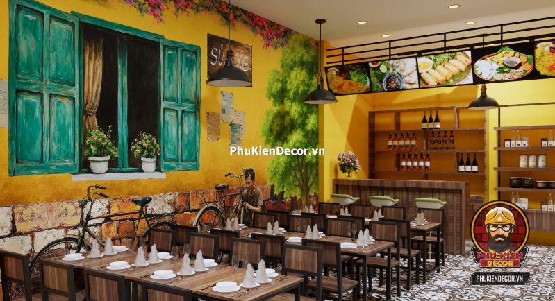 Ý tưởng decor quán bún đậu mắm tôm đậm chất Hà Nội Trang trí quán bún đậu kiểu Hà Nội xưa với các vật dụng truyền thống như mẹt, nón quai thao và chum sành.