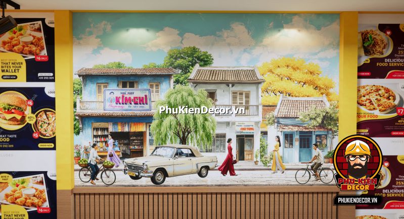 Mẫu thiết kế quán ăn Sài Gòn thập niên 90 Tranh dán tường 3D phong cách bao cấp Sài Gòn xưa, tái hiện lại không khí Sài Gòn trong những năm 80, với các cửa hàng và tiệm ăn đặc trưng.