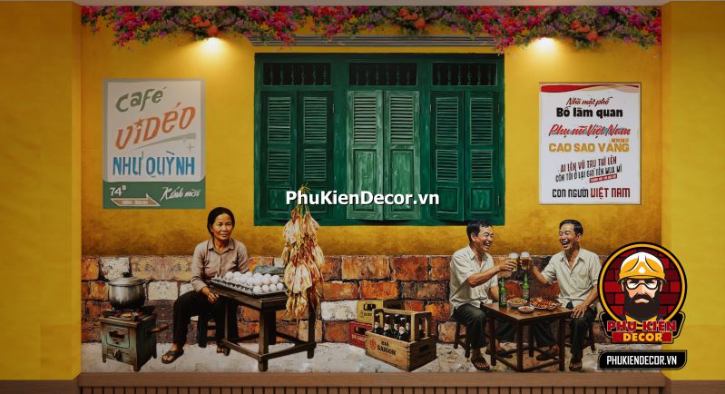 Mẫu thiết kế quán ăn Sài Gòn thập niên 90 Tranh dán tường 3D phong cách bao cấp Sài Gòn xưa, tái hiện lại không khí Sài Gòn trong những năm 80, với các cửa hàng và tiệm ăn đặc trưng.
