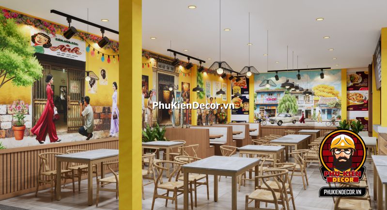 Hình ảnh mẫu thiết kế quán Phở Sài Gòn xưa Mẫu thiết kế quán phở Sài Gòn xưa, với nội thất cổ điển và tranh dán tường phong cách Sài Gòn xưa tạo không gian ấm áp.