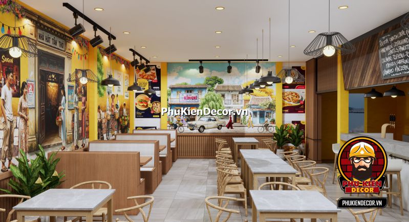 Hình ảnh mẫu thiết kế quán Phở Sài Gòn xưa Mẫu thiết kế quán phở Sài Gòn xưa, với nội thất cổ điển và tranh dán tường phong cách Sài Gòn xưa tạo không gian ấm áp.