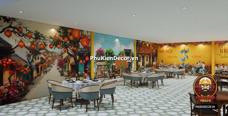 Ý tưởng trang trí quán ăn cổ Hà Nội Ý tưởng trang trí quán ăn cổ kiểu Hà Nội với bình trà sứ, mành tre và ảnh đen trắng phố cổ.