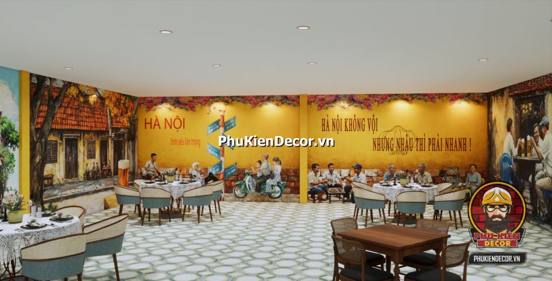 Ý tưởng trang trí quán ăn cổ Hà Nội Ý tưởng trang trí quán ăn cổ kiểu Hà Nội với bình trà sứ, mành tre và ảnh đen trắng phố cổ.