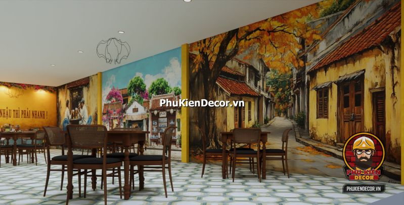 Ý tưởng trang trí quán ăn cổ Hà Nội Ý tưởng trang trí quán ăn cổ kiểu Hà Nội với bình trà sứ, mành tre và ảnh đen trắng phố cổ.