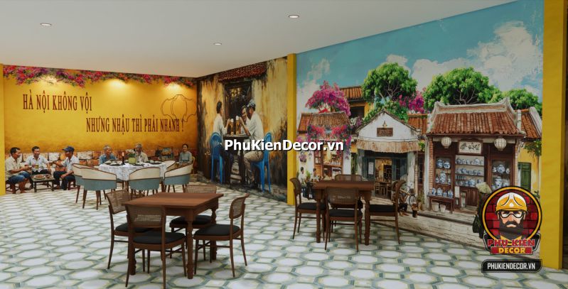 Ý tưởng trang trí quán ăn cổ Hà Nội Ý tưởng trang trí quán ăn cổ kiểu Hà Nội với bình trà sứ, mành tre và ảnh đen trắng phố cổ.