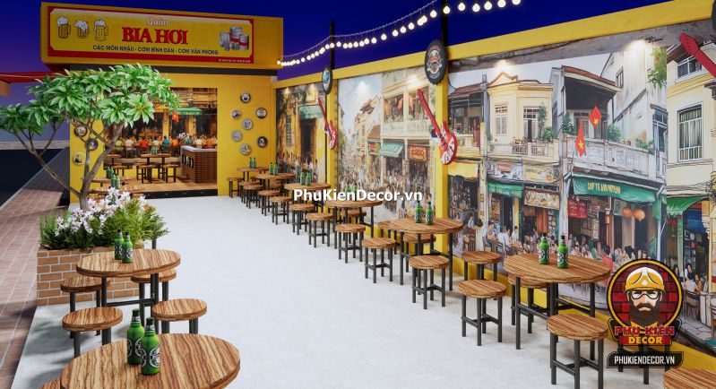 Ý tưởng trang trí quán bia hơi phong cách Hà Nội xưa Gợi ý trang trí quán bia hơi xưa với bàn gỗ dài, bảng thực đơn viết tay và tranh dán tường Hà Nội thập niên 80.