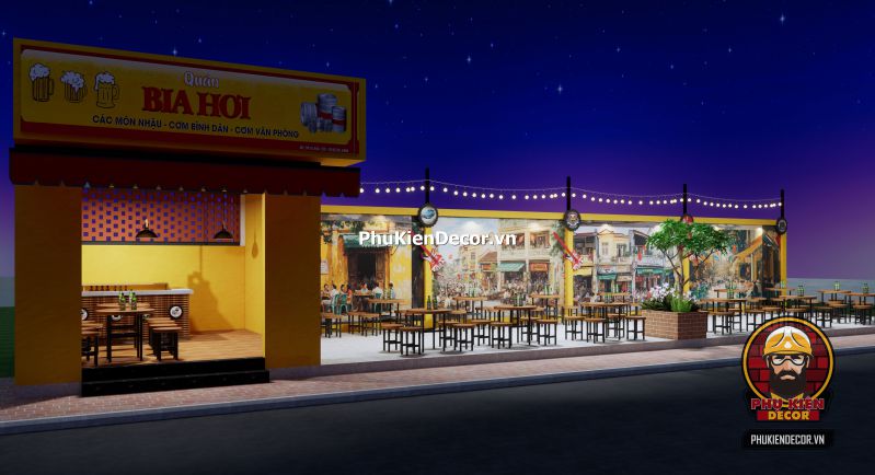 Ý tưởng trang trí quán bia hơi Hà Nội xưa Gợi ý trang trí quán bia hơi xưa với bàn gỗ dài, bảng thực đơn viết tay và tranh dán tường Hà Nội thập niên 80.