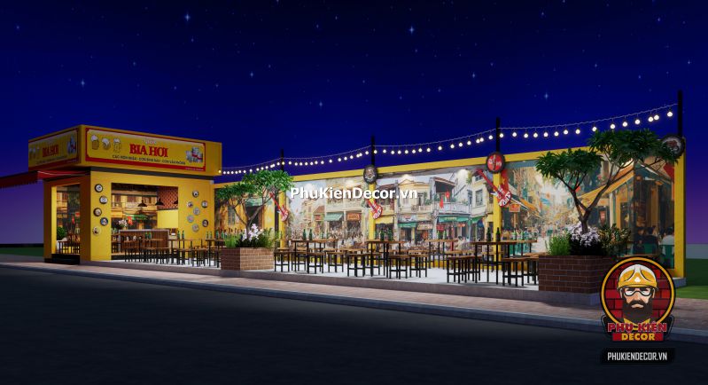 Ý tưởng trang trí quán bia hơi Hà Nội xưa Gợi ý trang trí quán bia hơi xưa với bàn gỗ dài, bảng thực đơn viết tay và tranh dán tường Hà Nội thập niên 80.