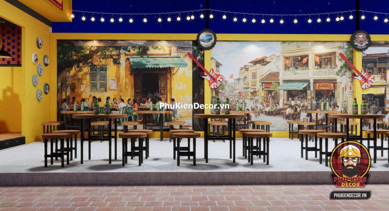 Ý tưởng trang trí quán bia hơi phong cách Hà Nội xưa Gợi ý trang trí quán bia hơi xưa với bàn gỗ dài, bảng thực đơn viết tay và tranh dán tường Hà Nội thập niên 80.