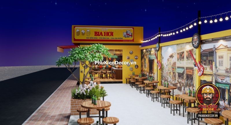 Ý tưởng trang trí quán bia hơi Hà Nội xưa Gợi ý trang trí quán bia hơi xưa với bàn gỗ dài, bảng thực đơn viết tay và tranh dán tường Hà Nội thập niên 80.