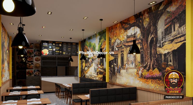 Ý tưởng trang trí quán phong cách Hà Nội Không gian quán ăn mang phong cách Hà Nội cổ điển, sử dụng tone màu vàng ấm, bàn ghế gỗ và ảnh tư liệu xưa.