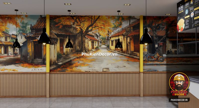 Ý tưởng trang trí quán phong cách Hà Nội Không gian quán ăn mang phong cách Hà Nội cổ điển, sử dụng tone màu vàng ấm, bàn ghế gỗ và ảnh tư liệu xưa.