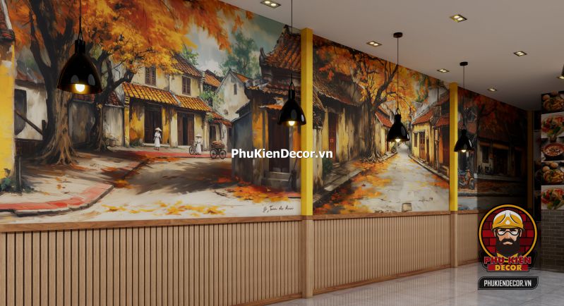Ý tưởng trang trí quán phong cách Hà Nội Không gian quán ăn mang phong cách Hà Nội cổ điển, sử dụng tone màu vàng ấm, bàn ghế gỗ và ảnh tư liệu xưa.