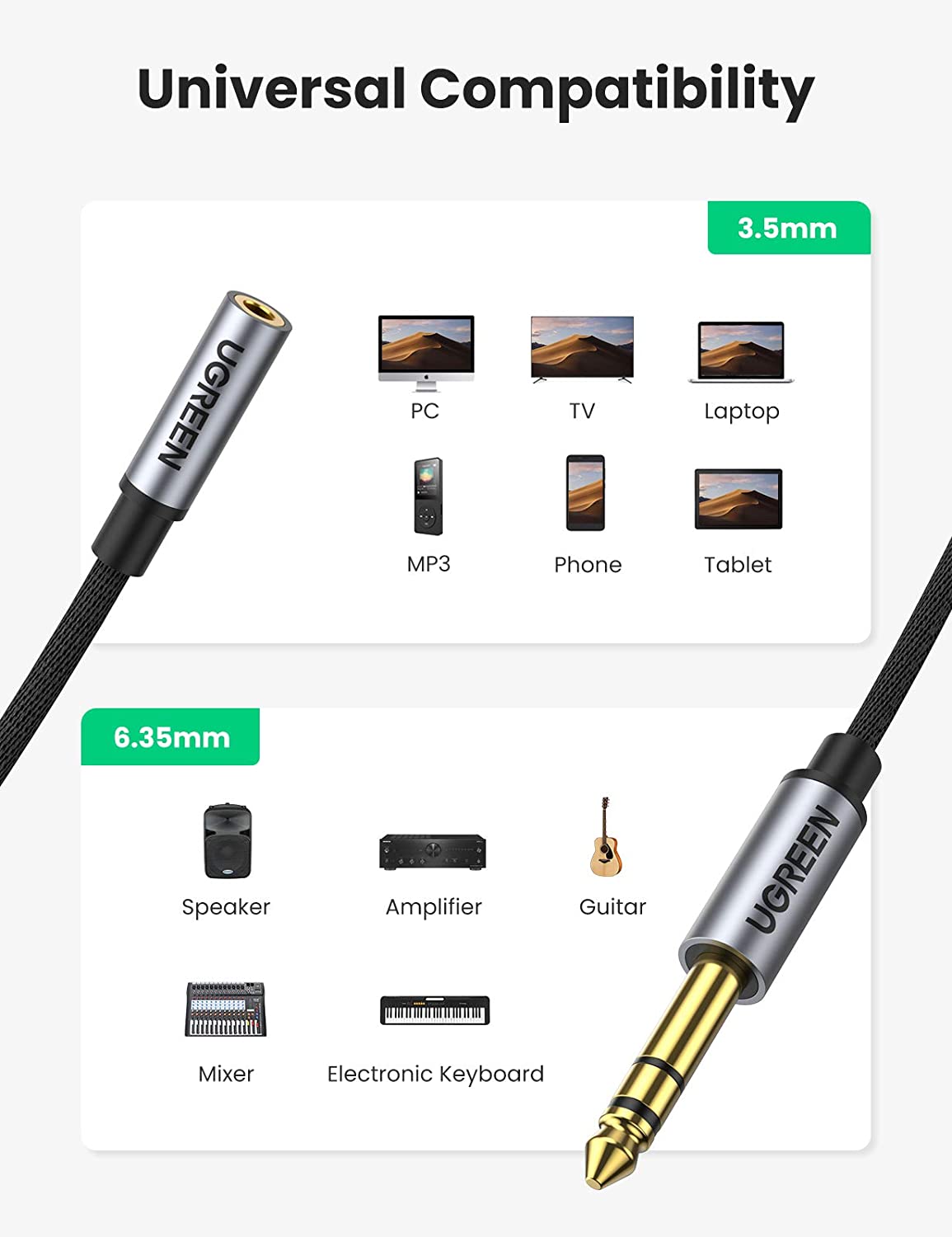 Cáp chuyển 3.5mm cái sang 6.5m đực dài 25cm Ugreen 20498 Cáp chuyển 3.5mm cái sang 6.5m đực dài 25cm Ugreen 20498