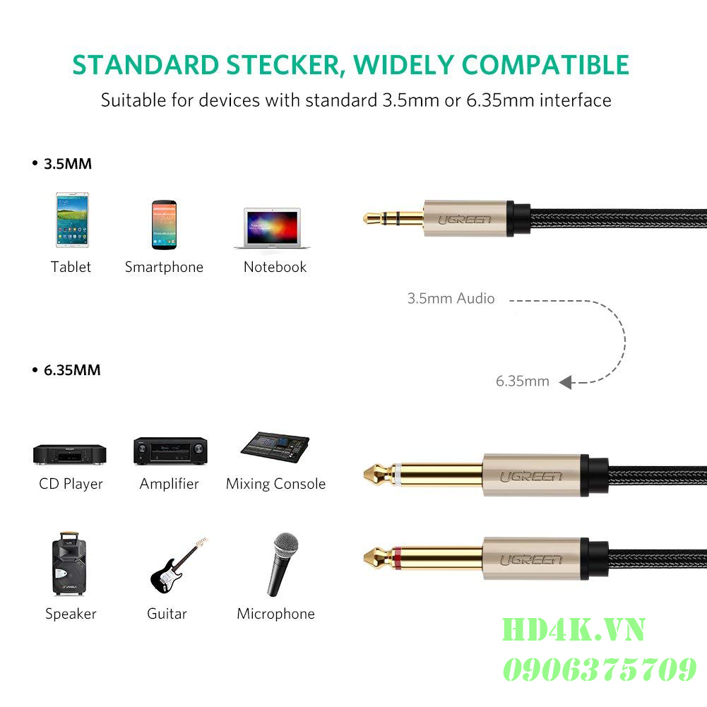 Cáp âm thanh 3.5mm to 2 x 6.5mm dài 3m Ugreen 40793 Cáp âm thanh 3.5mm to 6.5mm dài 3m Ugreen 40793
