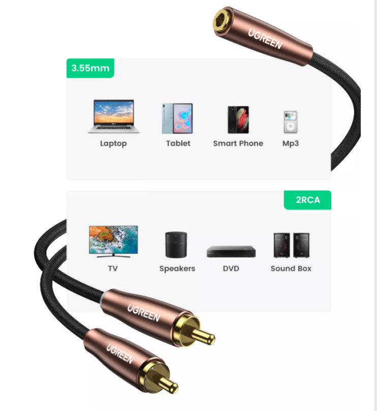 Cáp chuyển 3.5m cái sang 2 RCA dài 2m Ugreen 50131 Cáp chuyển 3.5m cái sang 2 RCA dài 2m Ugreen 50131
