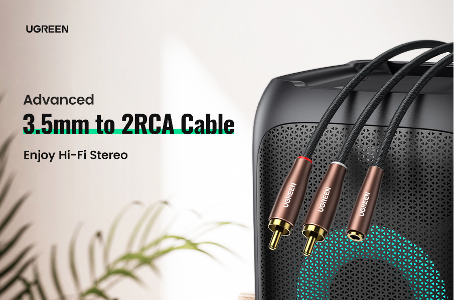 Cáp chuyển 3.5m cái sang 2 RCA dài 2m Ugreen 50131 Cáp chuyển 3.5m cái sang 2 RCA dài 2m Ugreen 50131