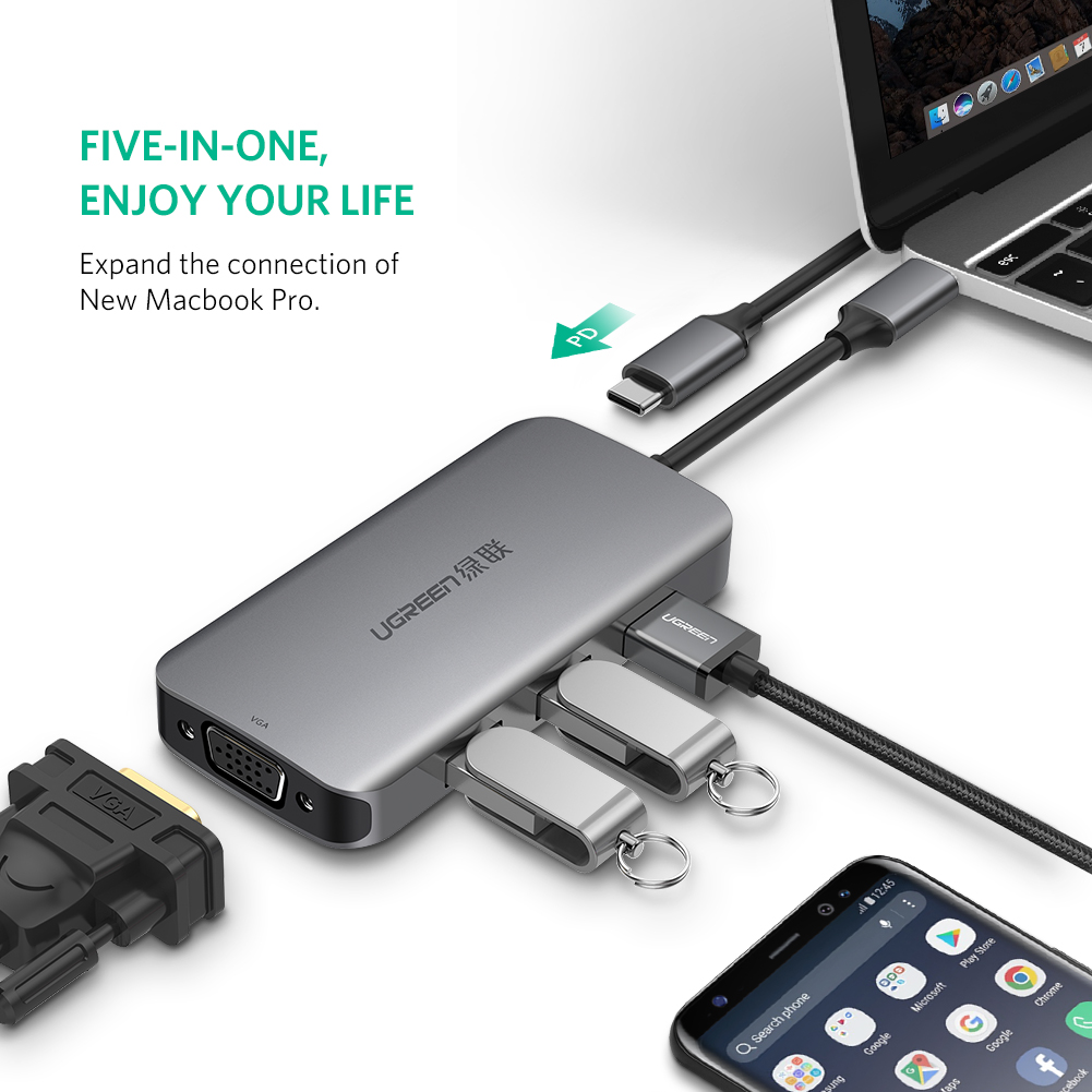 Bộ chuyển USB-C sang VGA + Hub USB 3.0 Ugreen 50210 Bộ chuyển USB-C sang VGA + Hub USB 3.0 Ugreen 50210