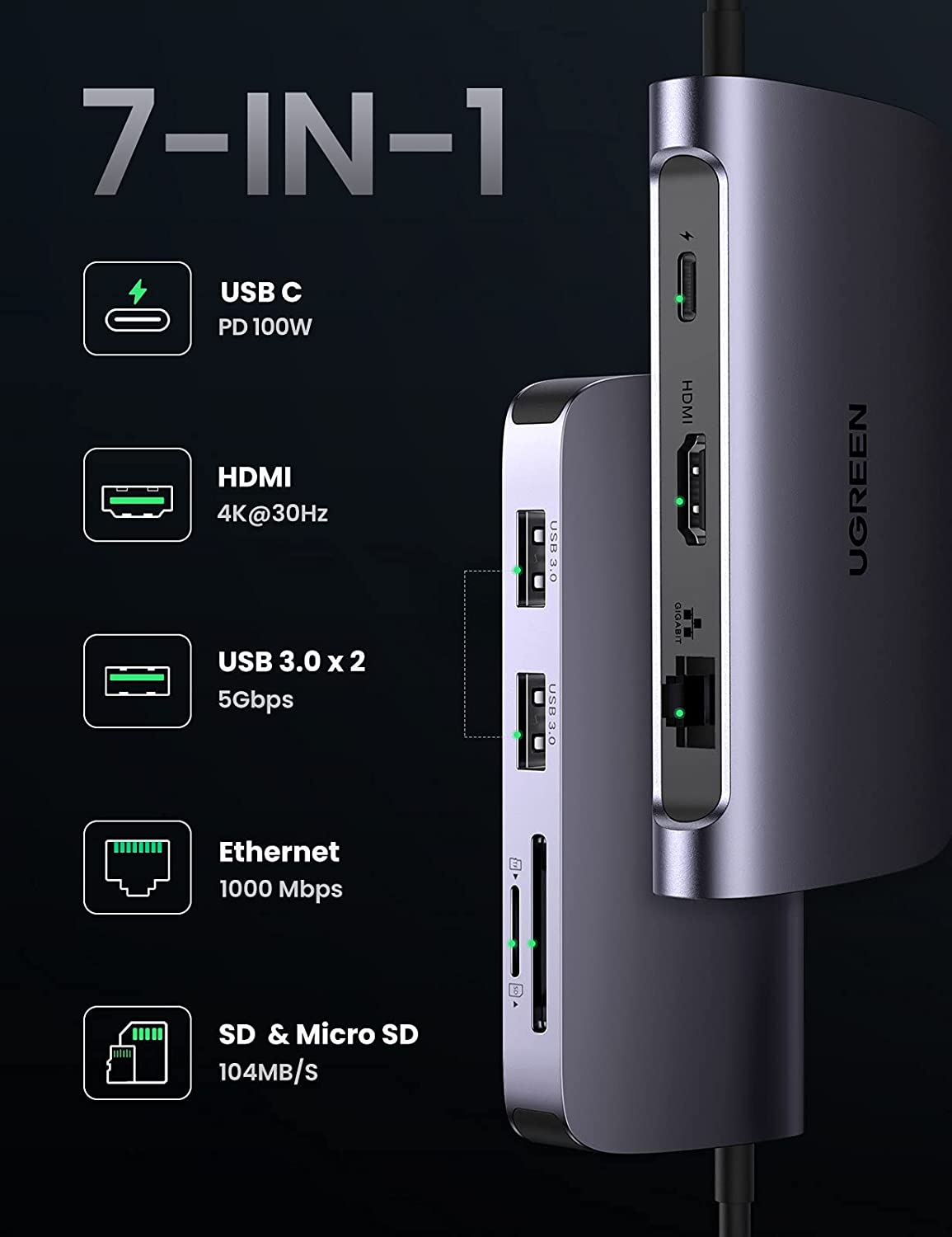 Bộ chuyển Type-C to HDMI + Lan + USB 3.0 + SD/TF + PD Type-C 100W Ugreen 50852 Bộ chuyển Type-C to HDMI + Lan + USB 3.0 + SD/TF + PD Type-C 100W Ugreen 50852