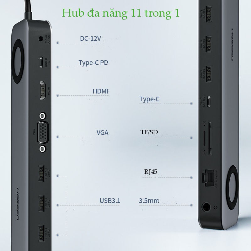 Bộ chuyển USB Type C to HDMI VGA USB 3.0 LAN 1Gbps  Card Reader 3.5mm Ugreen 60188 Bộ chuyển USB Type C to HDMI VGA USB 3.0 LAN 1Gbps  Card Reader 3.5mm Ugreen 60188