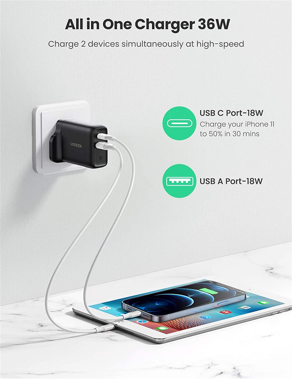 Củ sạc Type C + USB - A 36W Ugreen 60469 Củ sạc Type C + USB - A 36W Ugreen 60469