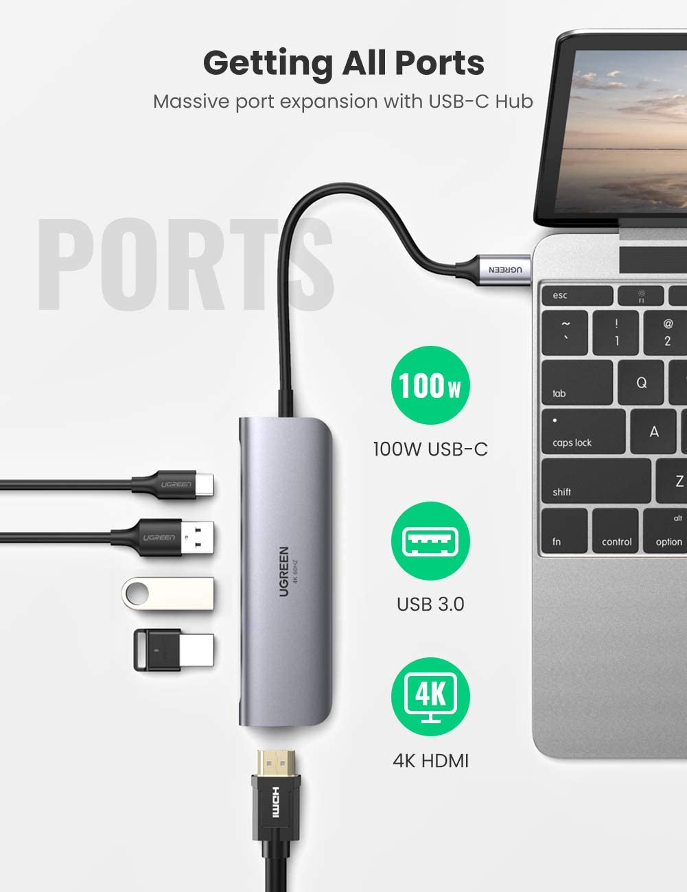 Bộ chuyển Type C to HDMI + Hub USB 3.0 Ugreen 70495 Bộ chuyển Type C to HDMI + Hub USB 3.0 Ugreen 70495