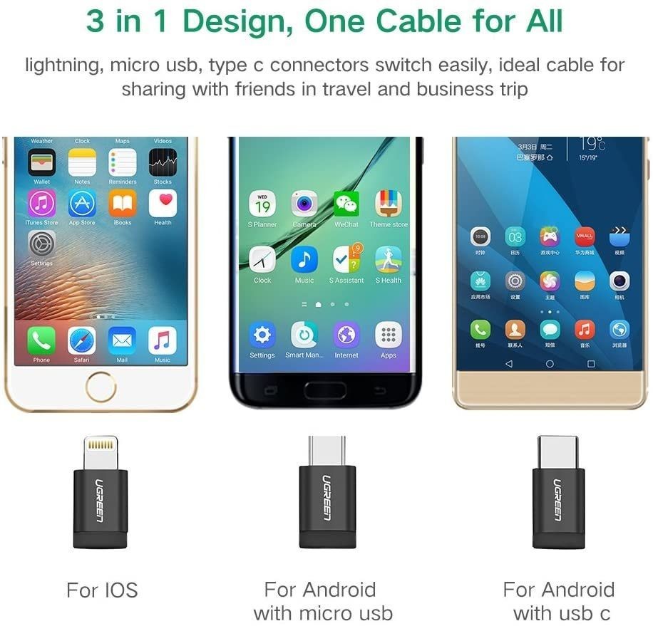 Cáp sạc Type-C+ Lightning + Micro USB 3 trong 1 dài 1m Ugreen 80326 Cáp sạc Type-C+ Lightning + Micro USB 3 trong 1 dài 1m Ugreen 80326