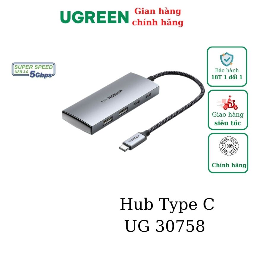 Bộ chia Type C 2 cổng USB 3.0 + 2 cổng Type C Ugreen 30758