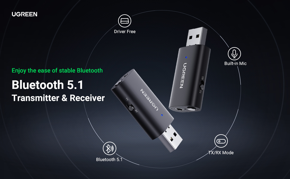 Bộ thu phát Bluetooth 5.1 2 trong 1 Bộ điều hợp Bluetooth không dây Ugreen 60300 Bộ thu phát Bluetooth 5.1 2 trong 1 Bộ điều hợp Bluetooth không dây Ugreen 60300