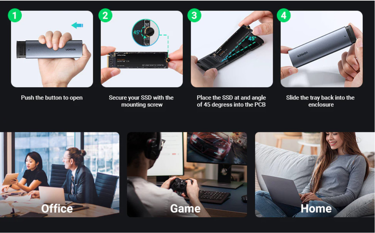Box ổ cứng SSD M.2 hỗ trợ NVME+SATA USB Type-C 3.2 GEN2 tốc độ 10Gbps Ugreen 90264 Box ổ cứng SSD M.2 hỗ trợ NVME+SATA USB Type-C 3.2 GEN2 tốc độ 10Gbps Ugreen 90264