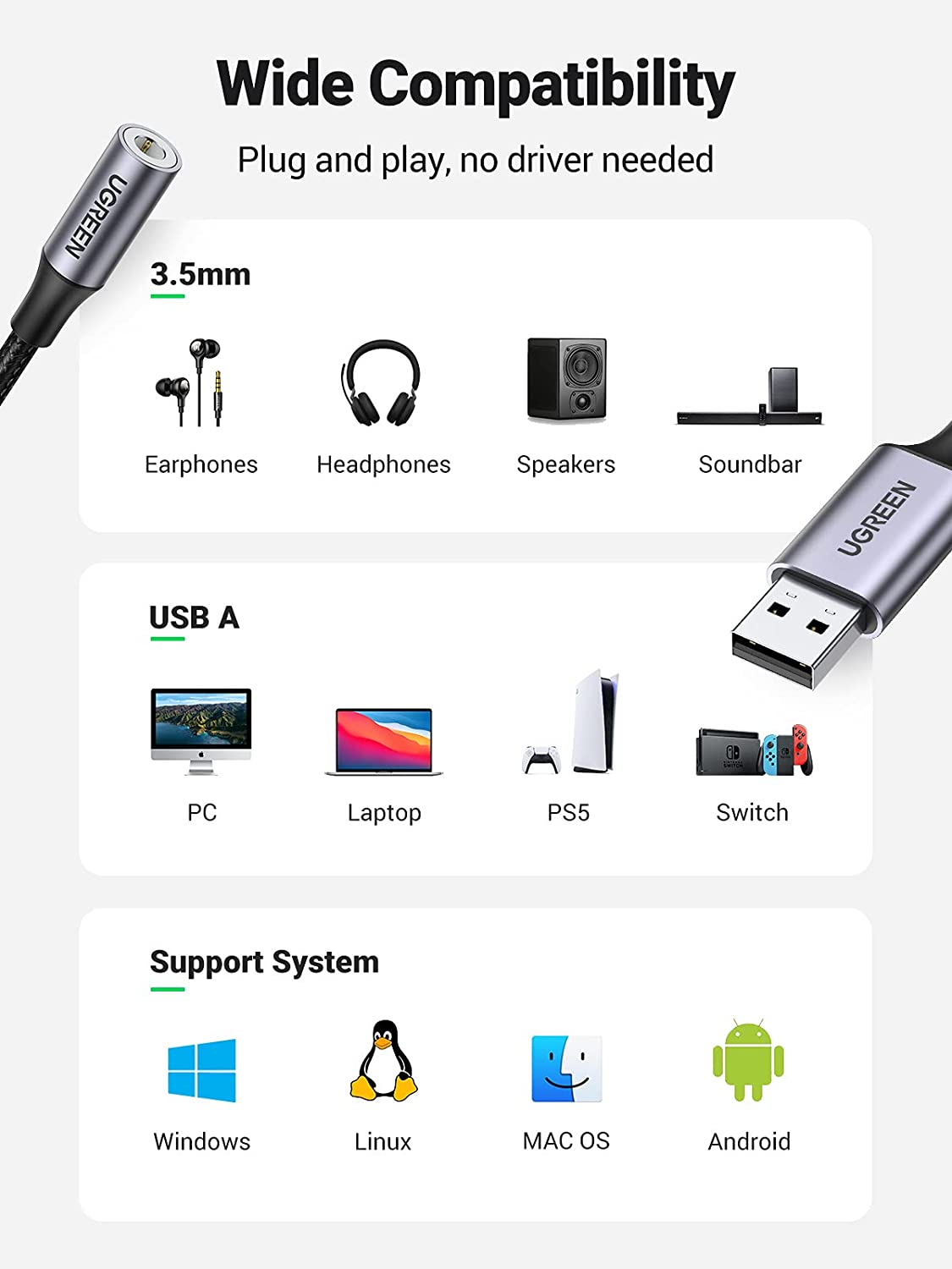 Cáp chuyển USB 2.0 to 3.5mm (mic+loa) Ugreen 30757