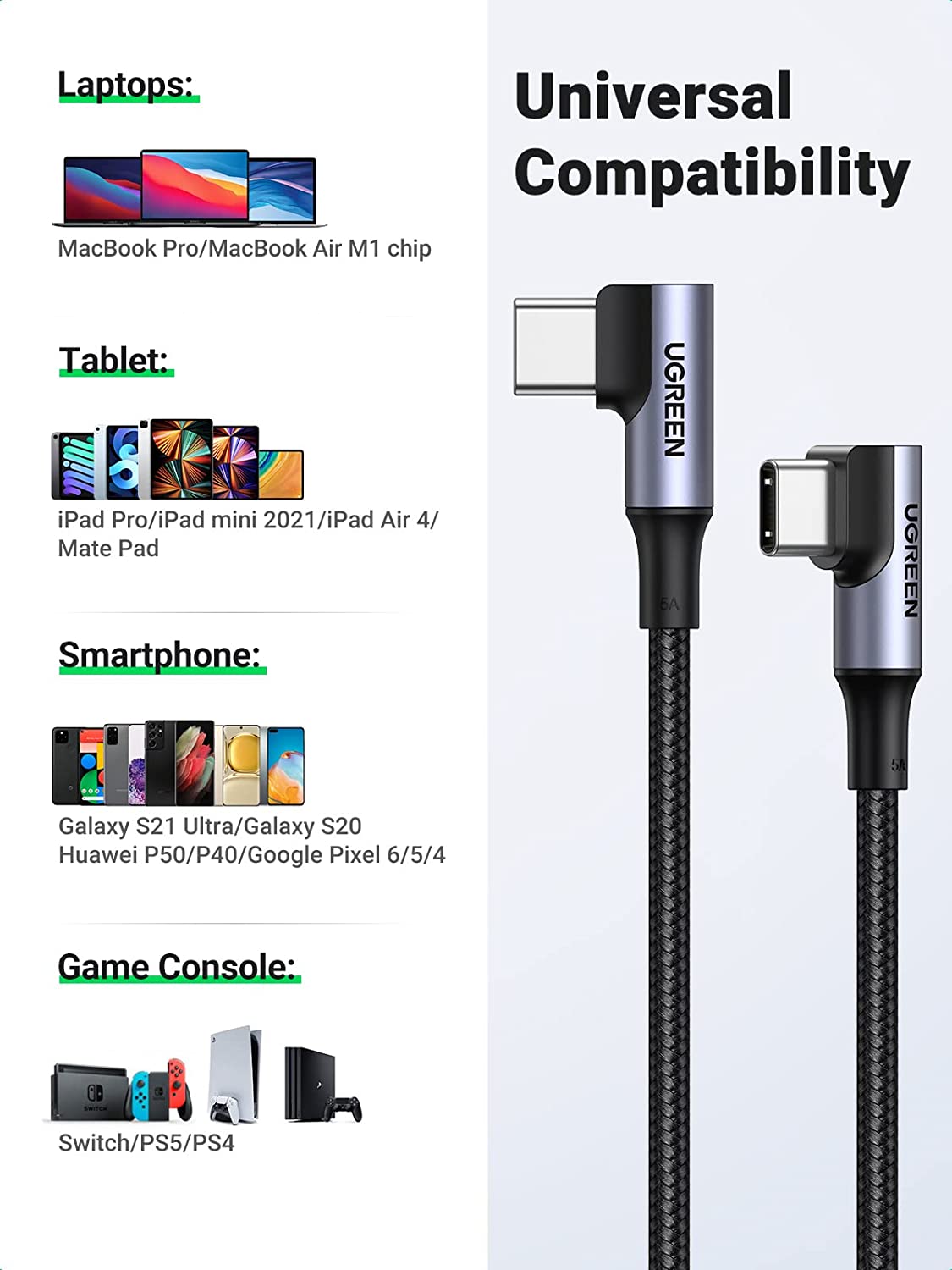 Cáp USB Type C dài 1m góc 90 PD 100W Ugreen 70696 Cáp USB Type C dài 1m góc 90 PD 100W Ugreen 70696