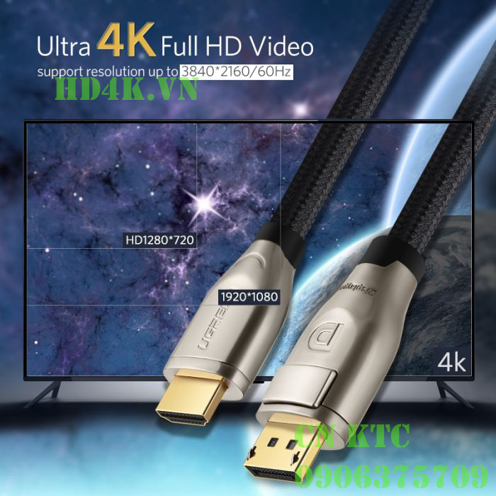 Cáp Displayport to HDMI 2.0 dài 3m hỗ trợ 3D 4K/60Hz Ugreen 40435
