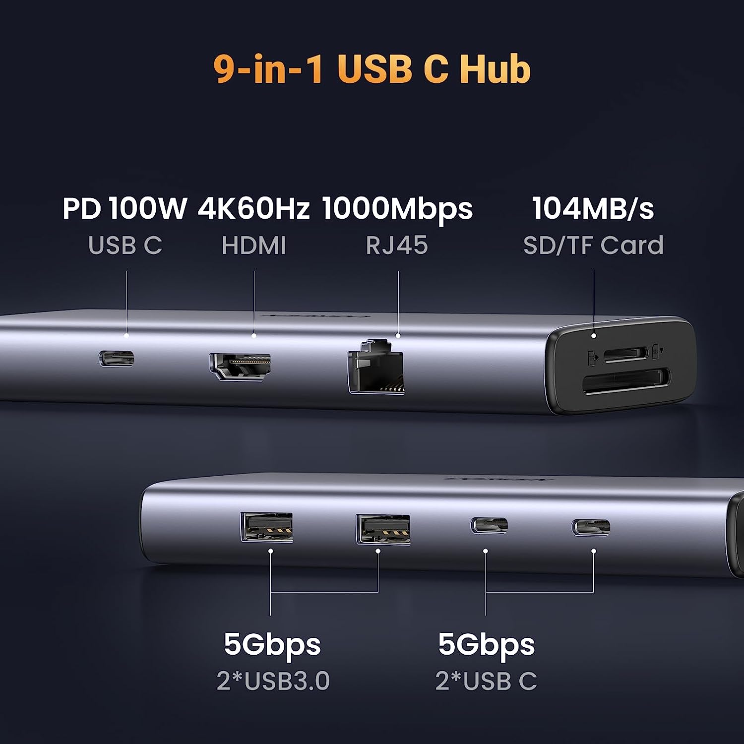 Bộ chuyển Type-C to HDMI + Lan + USB 3.0 + SD/TF + PD Type-C 100W + Type C data Ugreen 15375 Bộ chuyển Type-C to HDMI + Lan + USB 3.0 + SD/TF + PD Type-C 100W + Type C data Ugreen 15375