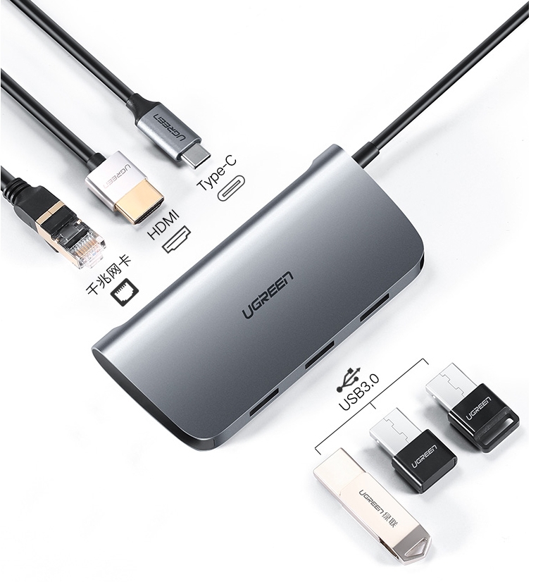 Bộ chuyển USB Type-C to HDMI, Lan, USB 3.0, sạc Type-C Ugreen 50771 Bộ chuyển USB Type-C to HDMI, Lan, USB 3.0, sạc Type-C Ugreen 50771