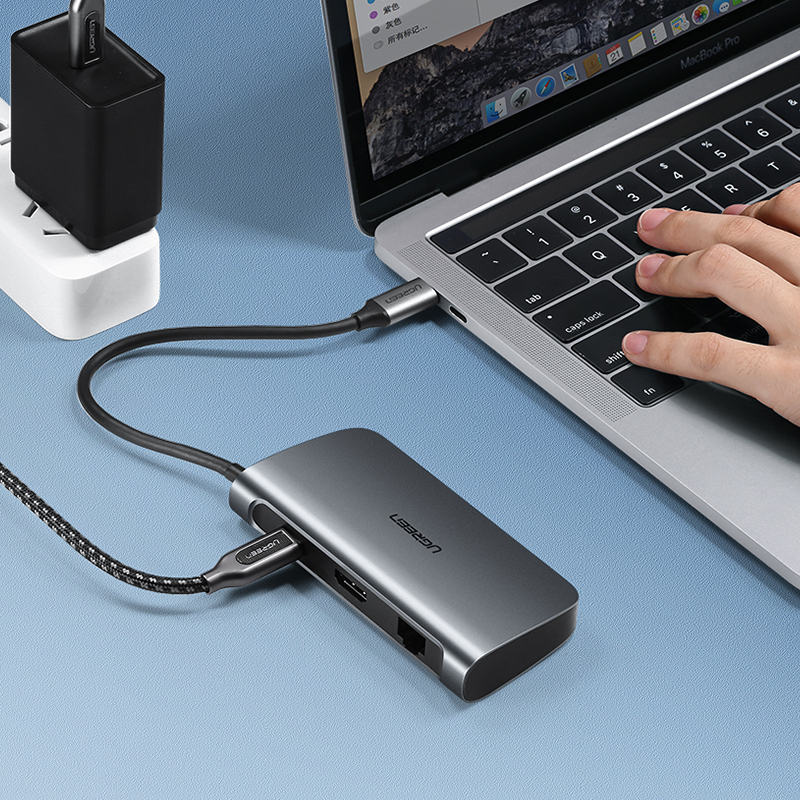 Bộ chuyển USB Type-C to HDMI, Lan, USB 3.0, sạc Type-C Ugreen 50771 Bộ chuyển USB Type-C to HDMI, Lan, USB 3.0, sạc Type-C Ugreen 50771