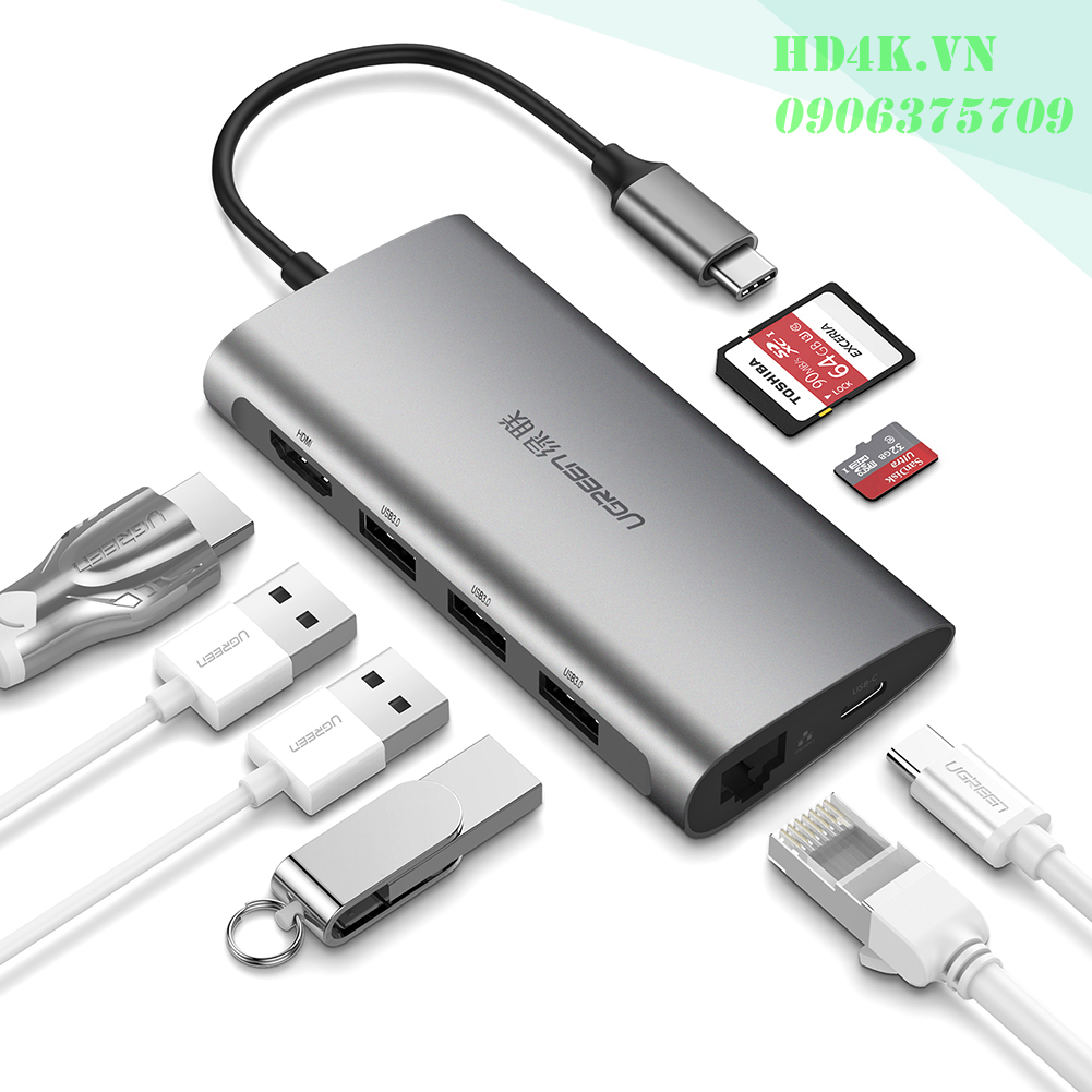 Bộ chuyển đa năng USB Type-C to HDMI, Lan, USB 3.0, SD/TF, sạc Type-C Ugreen 50538 Bộ chuyển đa năng USB Type-C to HDMI, Lan, USB 3.0, SD/TF, sạc Type-C Ugreen 50538