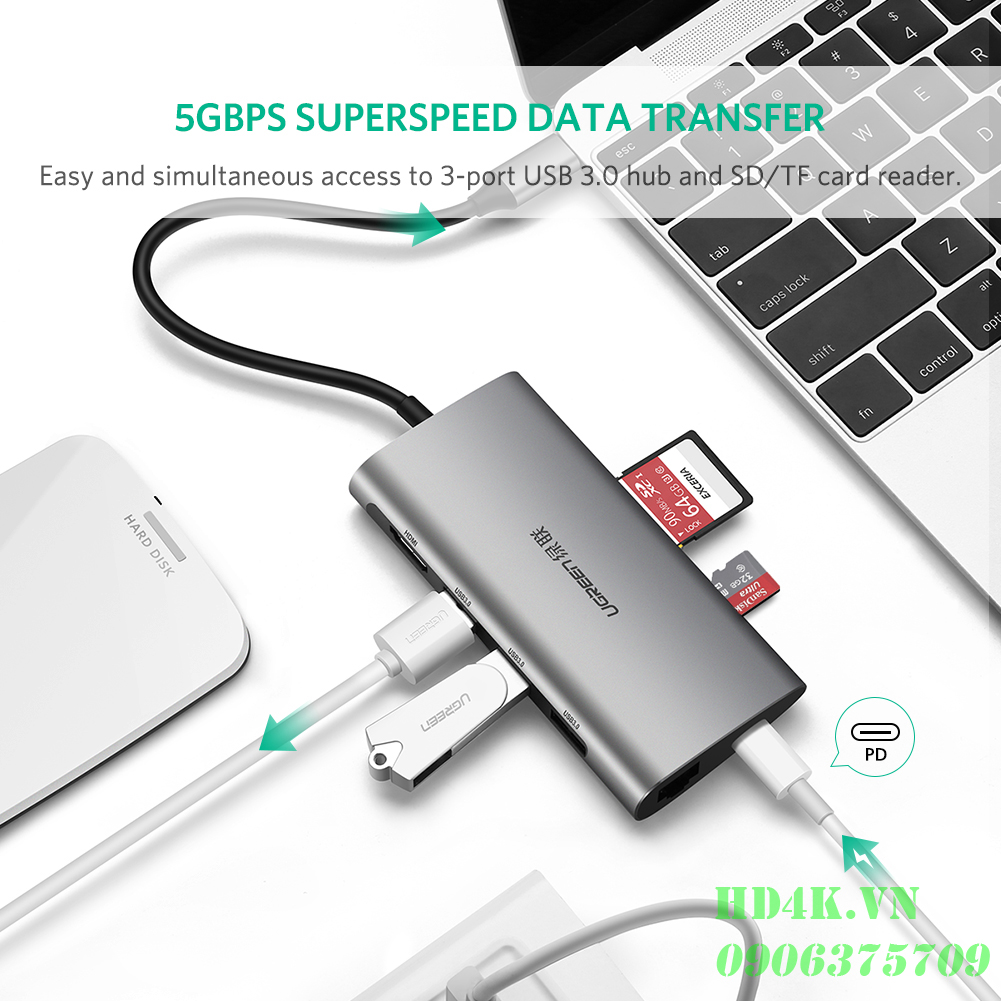 Bộ chuyển đa năng USB Type-C to HDMI, Lan, USB 3.0, SD/TF, sạc Type-C Ugreen 50538 Bộ chuyển đa năng USB Type-C to HDMI, Lan, USB 3.0, SD/TF, sạc Type-C Ugreen 50538