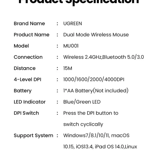 Chuột không dây Bluetooth 5.0 Im lặng 4000 DPI Ugreen 25160 MU001