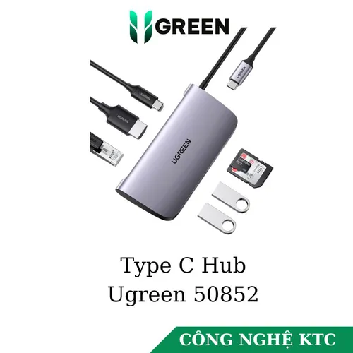 Bộ chuyển Type-C to HDMI + Lan +  USB 3.0 +  SD/TF + PD Type-C 100W Ugreen 50852