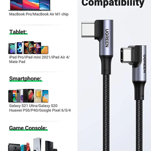 Cáp USB Type C dài 1m góc 90 PD 100W Ugreen 70696