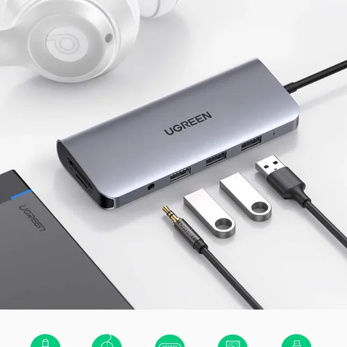 Bộ chuyển Type C to HDMI + VGA+ USB 3.0 + LAN 1Gbps + Card Reader + 3.5mm Ugreen 80133