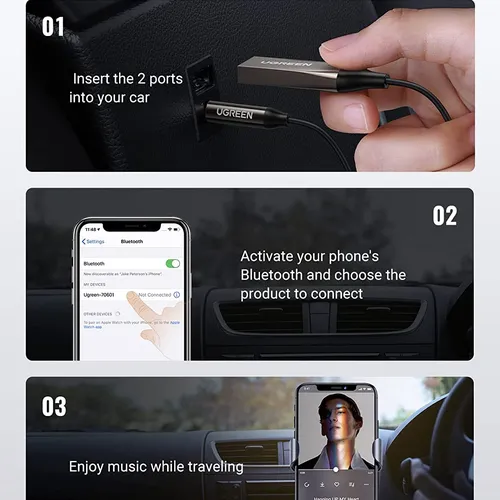 Bộ thu Bluetooth 5.0 dài 1.5M hỗ trợ Mic cổng 3.5mm Ugreen 70601