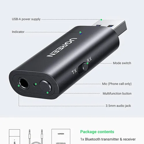 Bộ thu phát Bluetooth 5.1 2 trong 1 Bộ điều hợp Bluetooth không dây Ugreen 60300