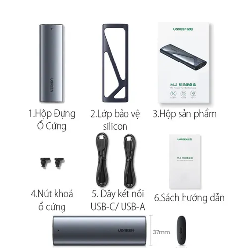 Box ổ cứng SSD M.2 hỗ trợ NVME+SATA USB Type-C 3.2 GEN2 tốc độ 10Gbps Ugreen 90264