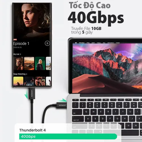 Cáp Thunderbolt 4 dài 0.8m hỗ trợ 8k + PD100w + truyền data 40Gbps Ugreen 30389
