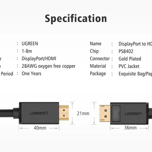 Cáp Displayport to HDMI 3M Ugreen 10203