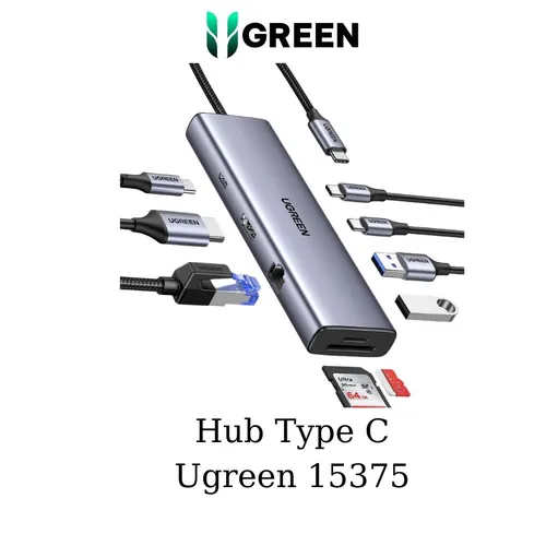 Bộ chuyển Type-C to HDMI + Lan + USB 3.0 + SD/TF + PD Type-C 100W + Type C data Ugreen 15375