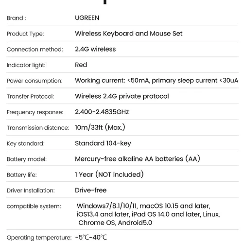 Bàn phím không dây 2.4Ghz dùng cho máy tính laptop chất liệu nhựa ABS màu đen Ugreen 90250